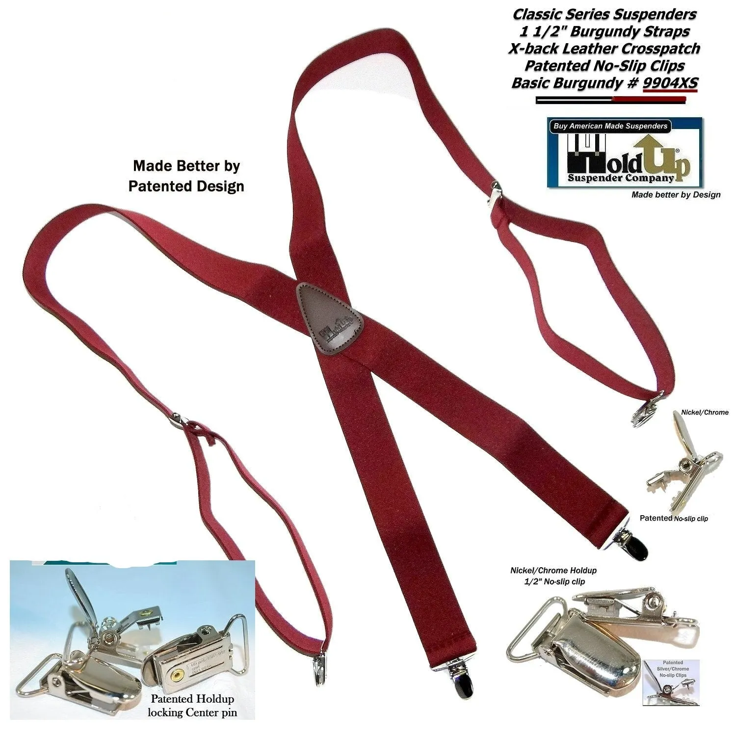 Classic Burgundy X-back Holdup Suspenders with Silver-tone USA patented No-slip Clips