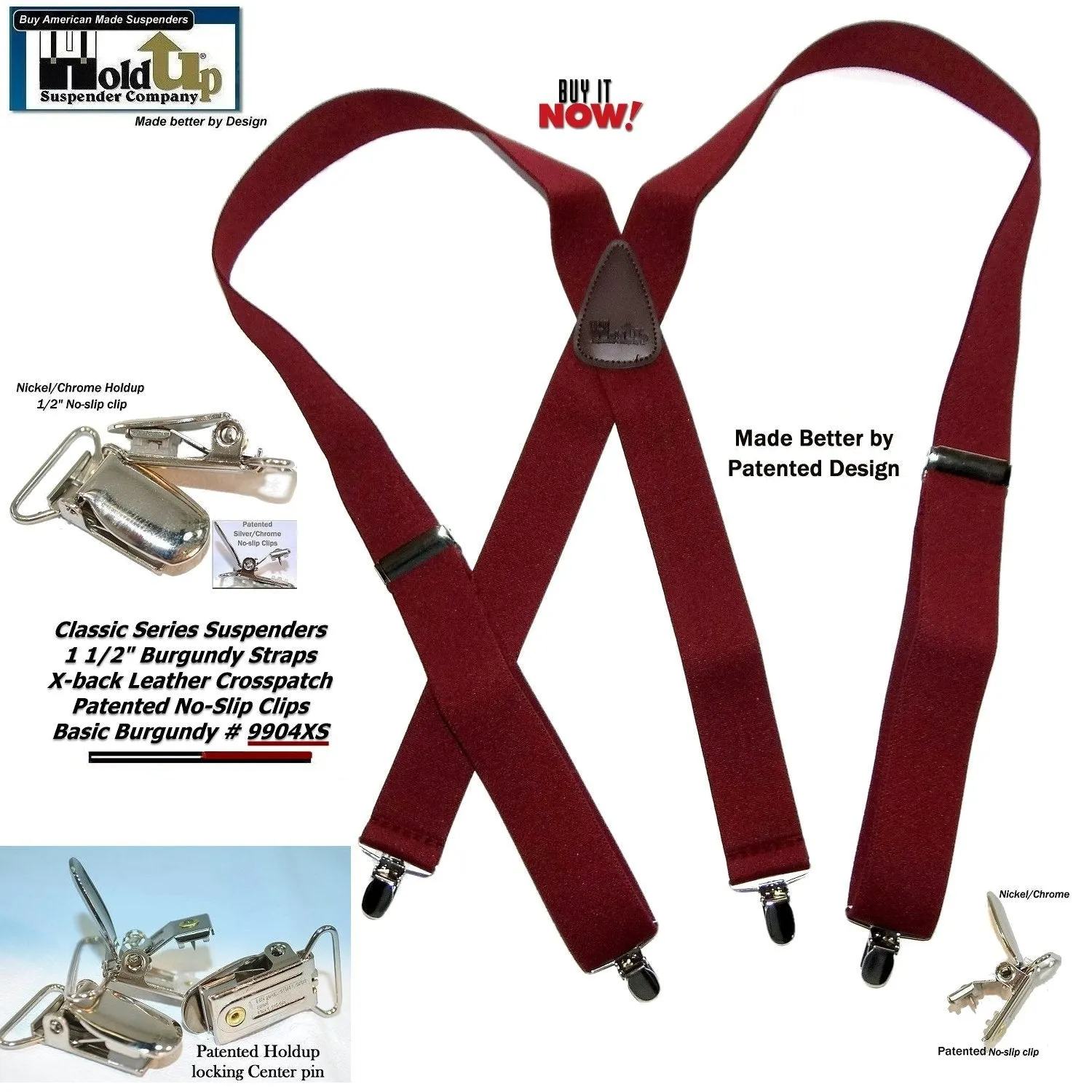 Classic Burgundy X-back Holdup Suspenders with Silver-tone USA patented No-slip Clips