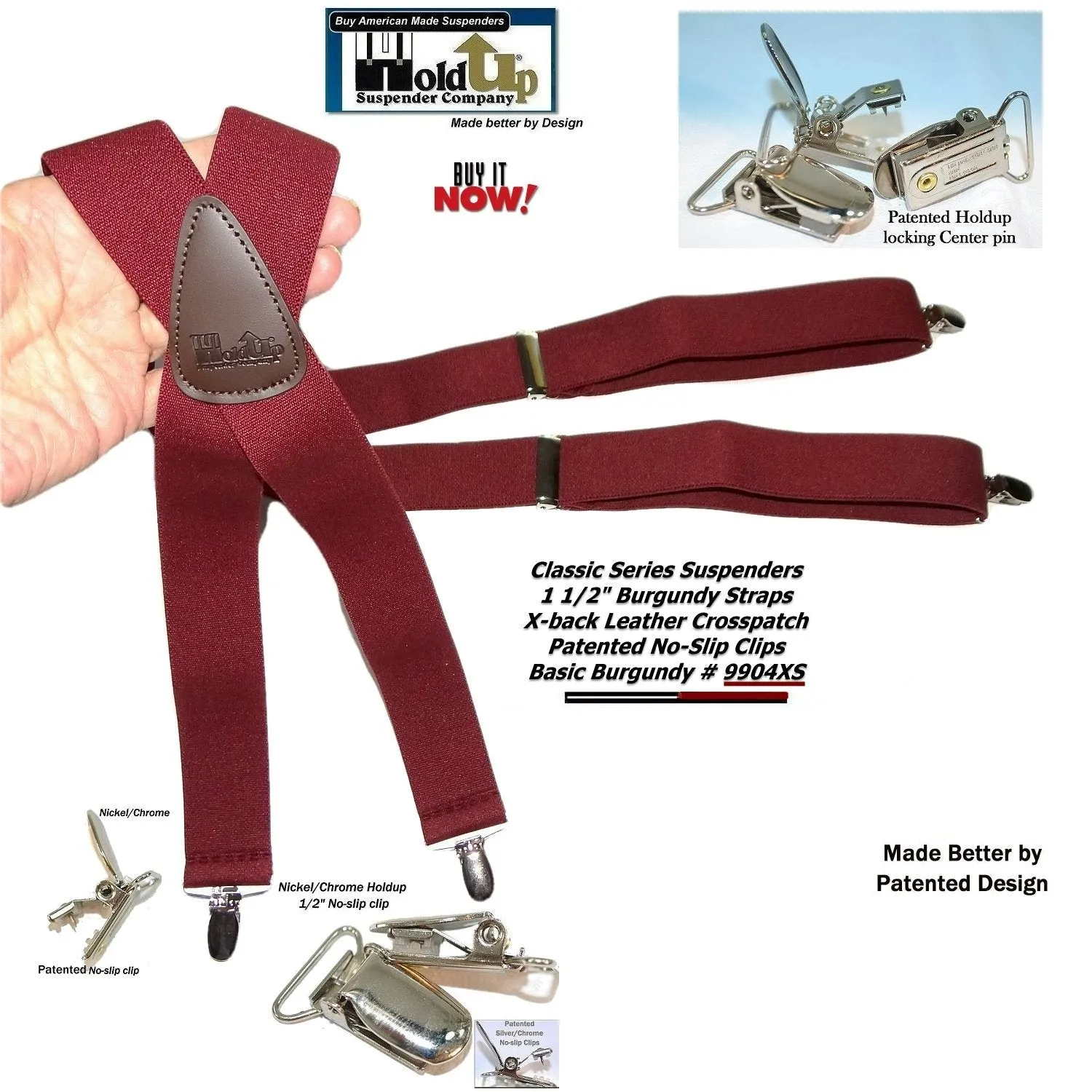 Classic Burgundy X-back Holdup Suspenders with Silver-tone USA patented No-slip Clips