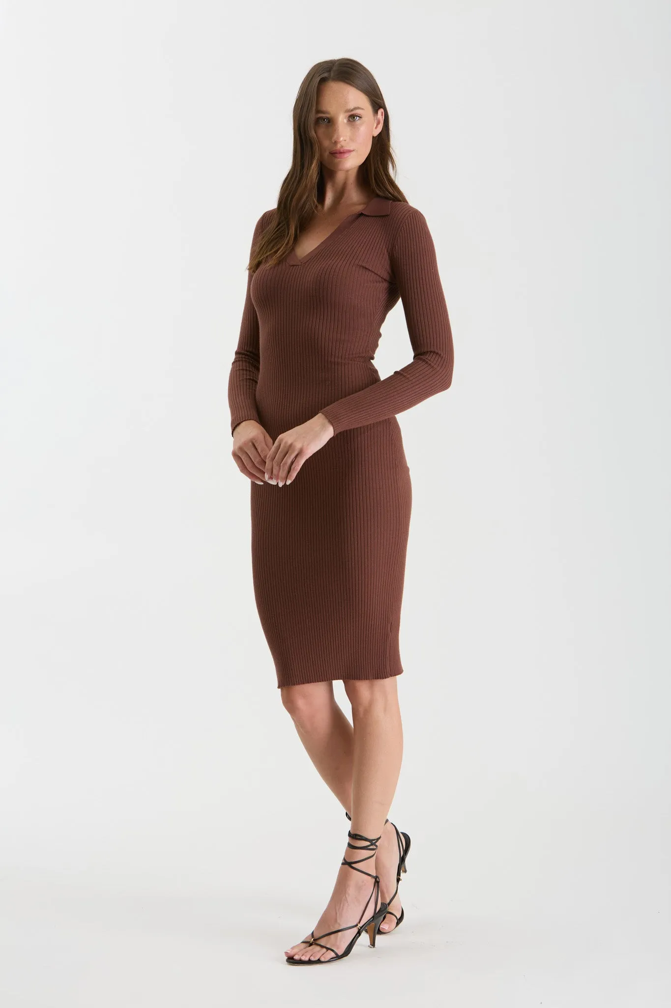 COLLARED RIB KNIT MIDI DRESS