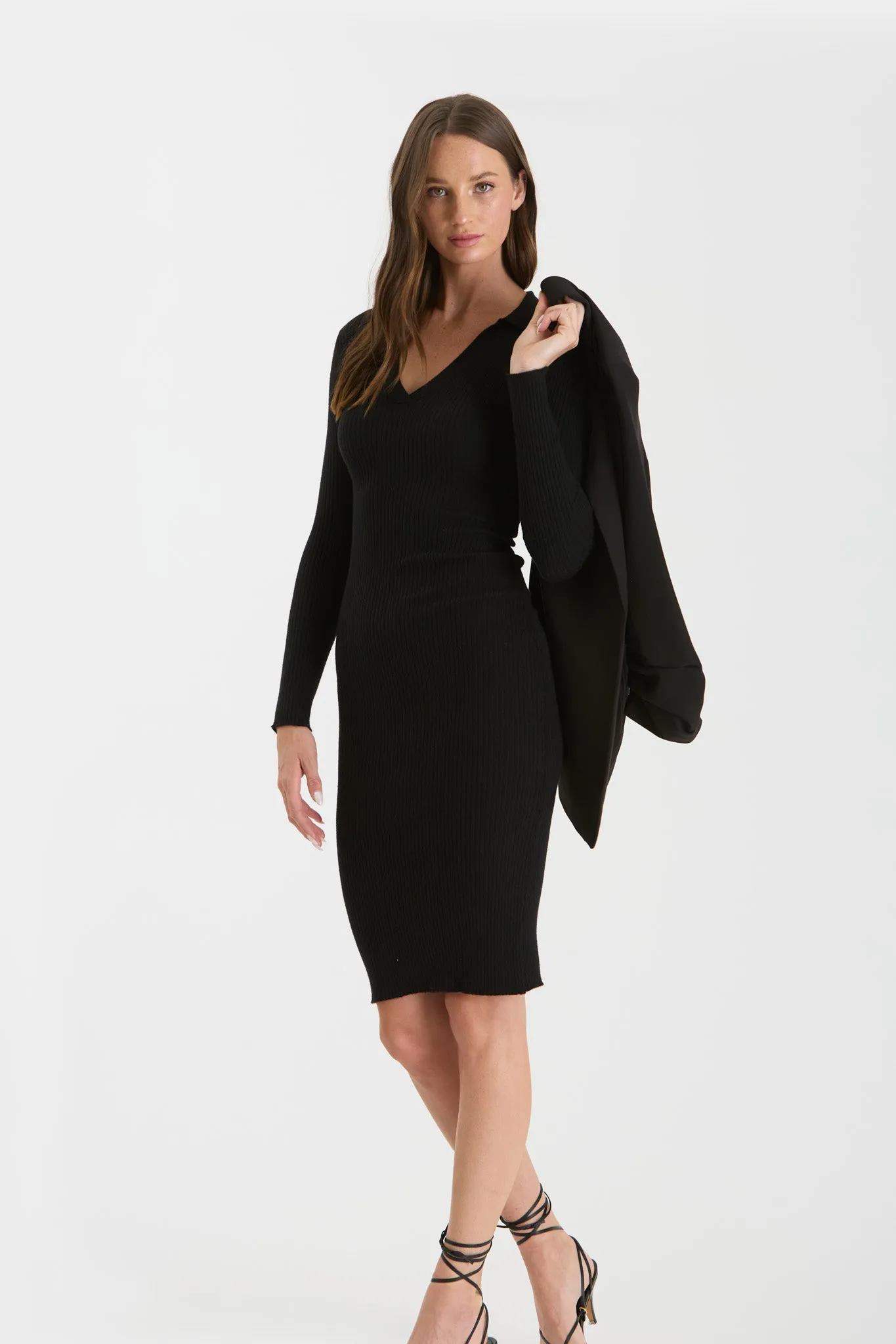 COLLARED RIB KNIT MIDI DRESS