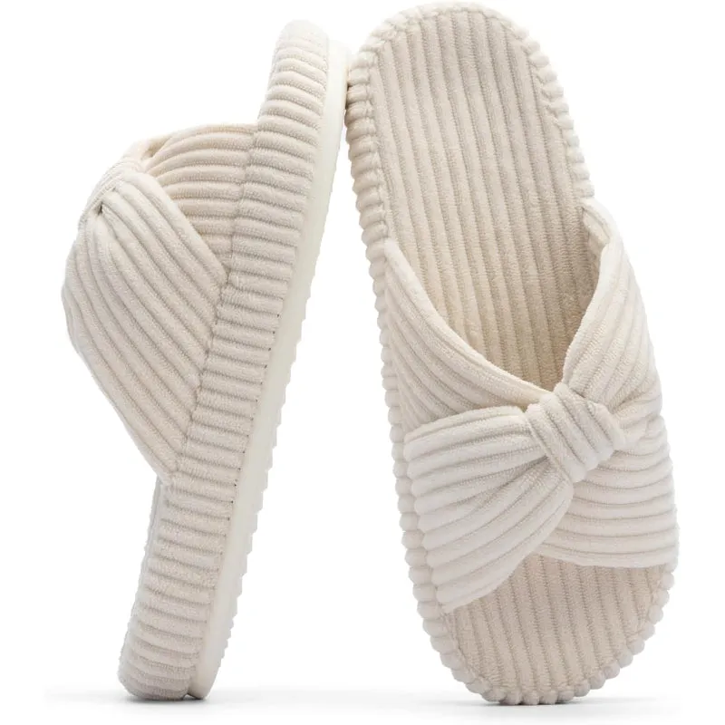 Corduroy Bow Crossbands Slip On Slippers