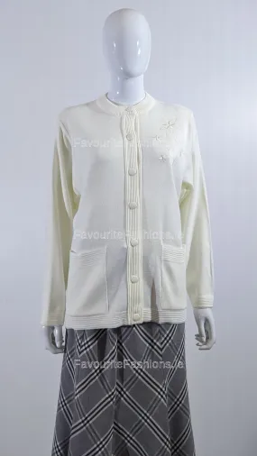 Cream Round Neck Button Pocket Cardigan