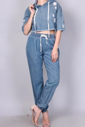 Denim Crop & Joggers Set