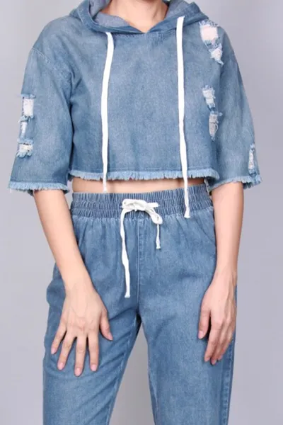 Denim Crop & Joggers Set