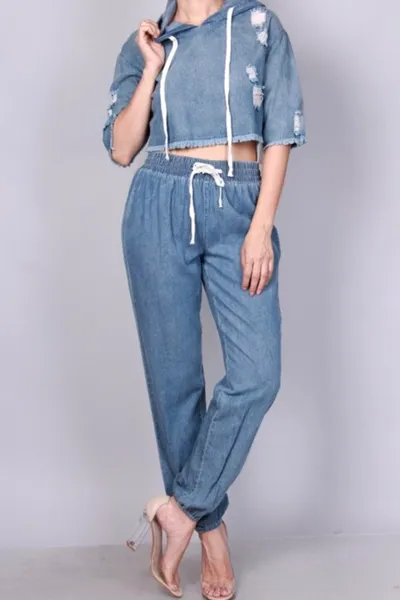 Denim Crop & Joggers Set