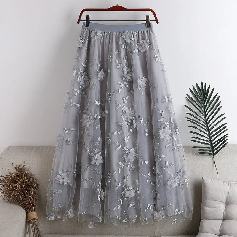 Double Layer Mesh Embroidered Floral Midi Skirt