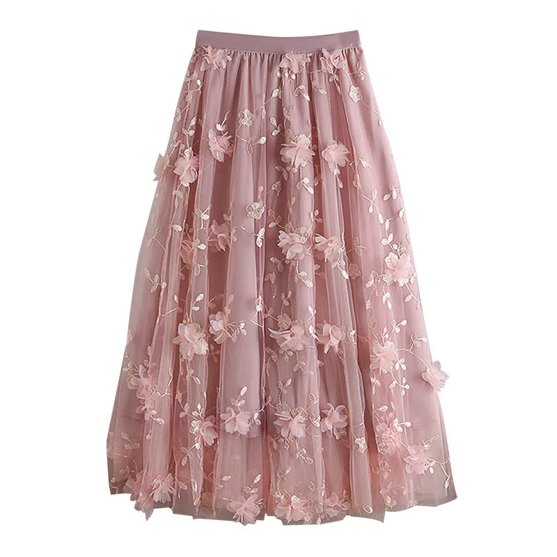 Double Layer Mesh Embroidered Floral Midi Skirt