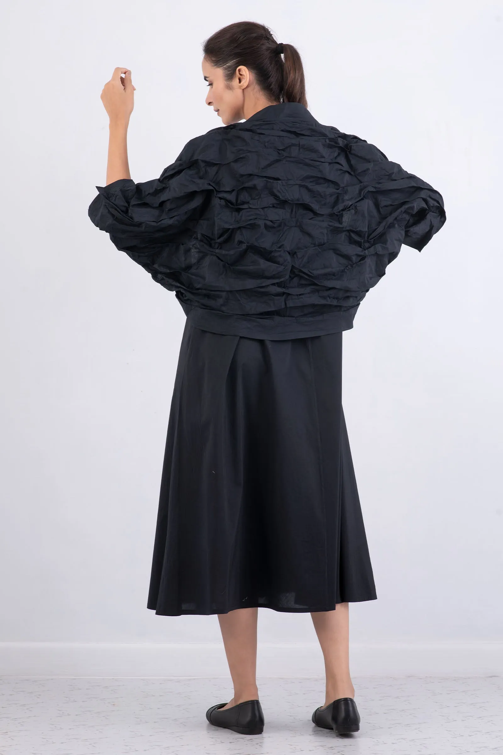 DYED COTTON SILK VOILE WAVY TUCK SHRUG - dc1067-blk -