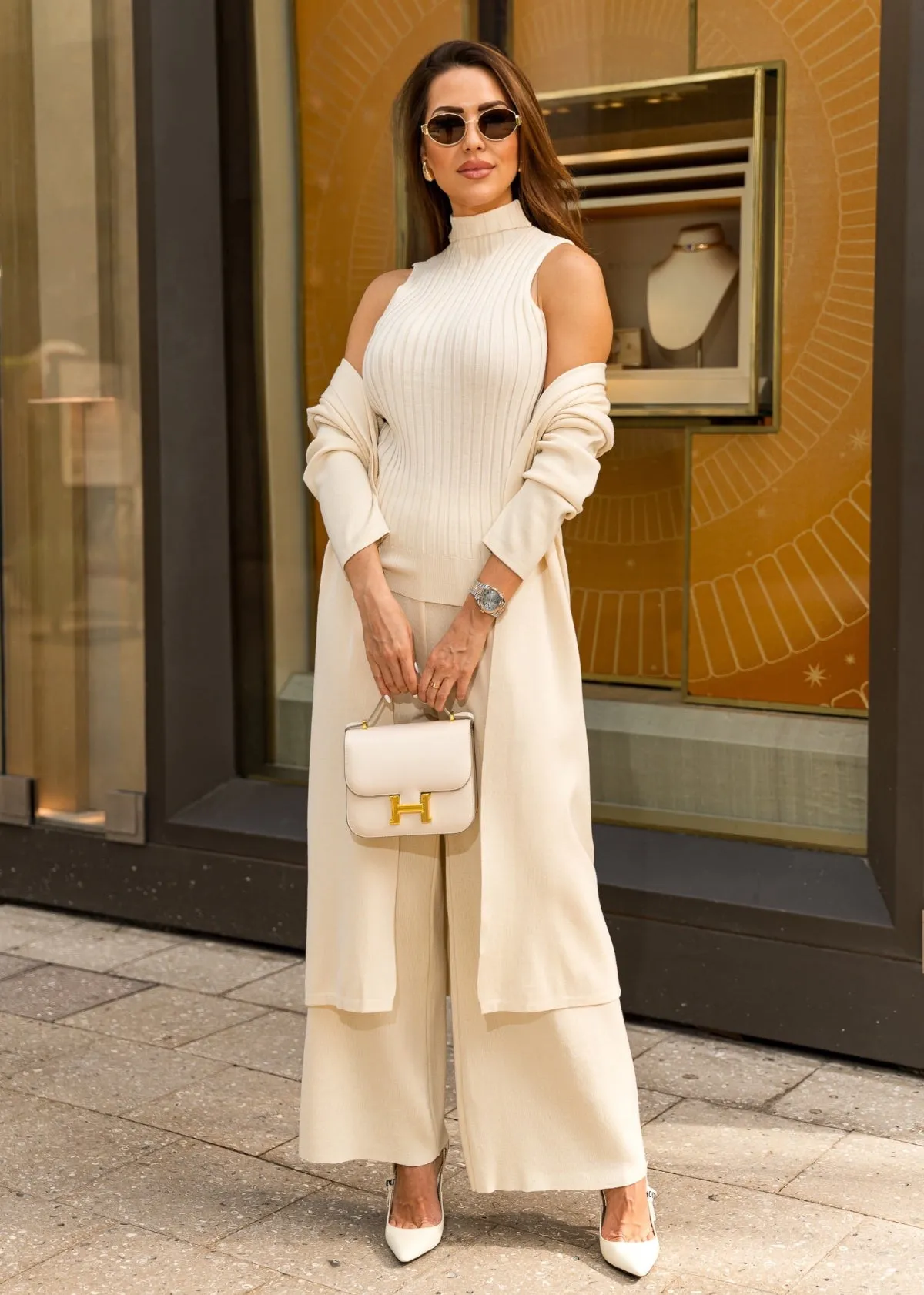 Eirini Knitted Three-Piece Pants Set - Ivory