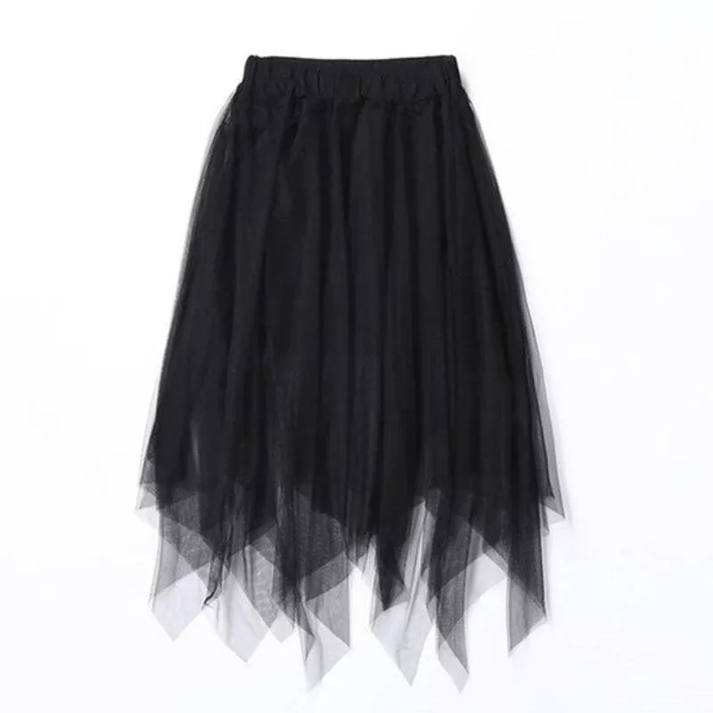 Elastic Long Asymmetric Tulle Skirt Women High Waist Pleated Tutu School Irregular Mesh Lace A Line Midi Skater Black White