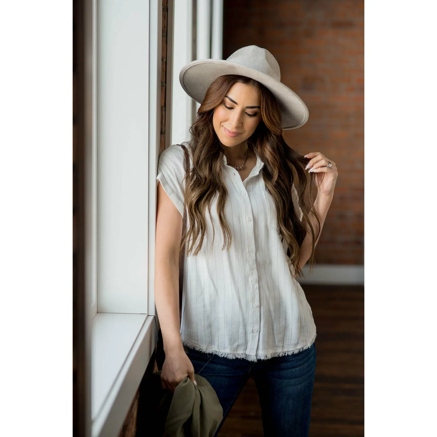 Faded Stripe Fringe Button Up Blouse