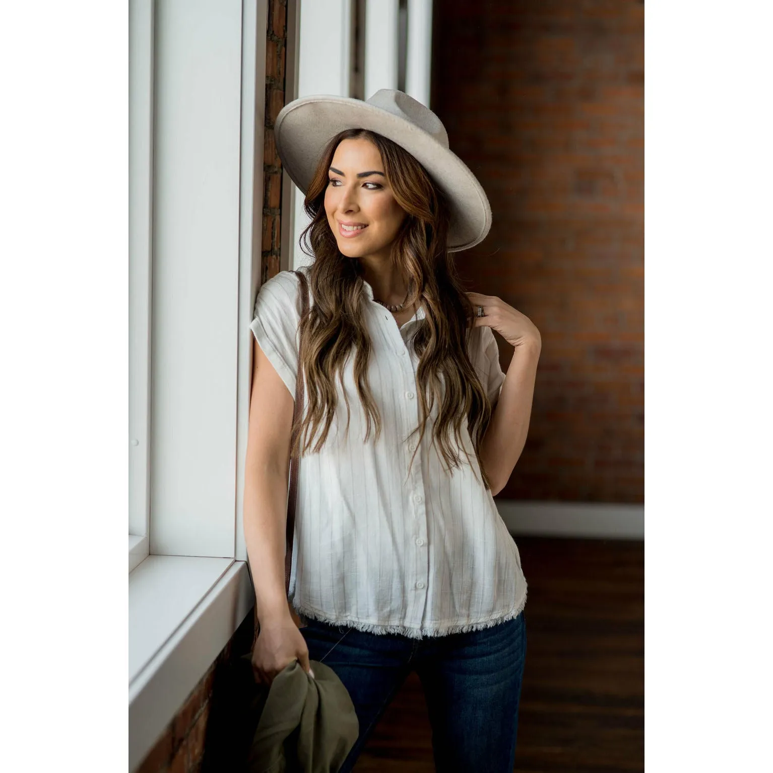 Faded Stripe Fringe Button Up Blouse