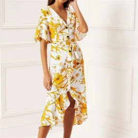 FashionSierra - Women Floral Print Beach Dress Boho Short Sleeve Ruffle Long Dress