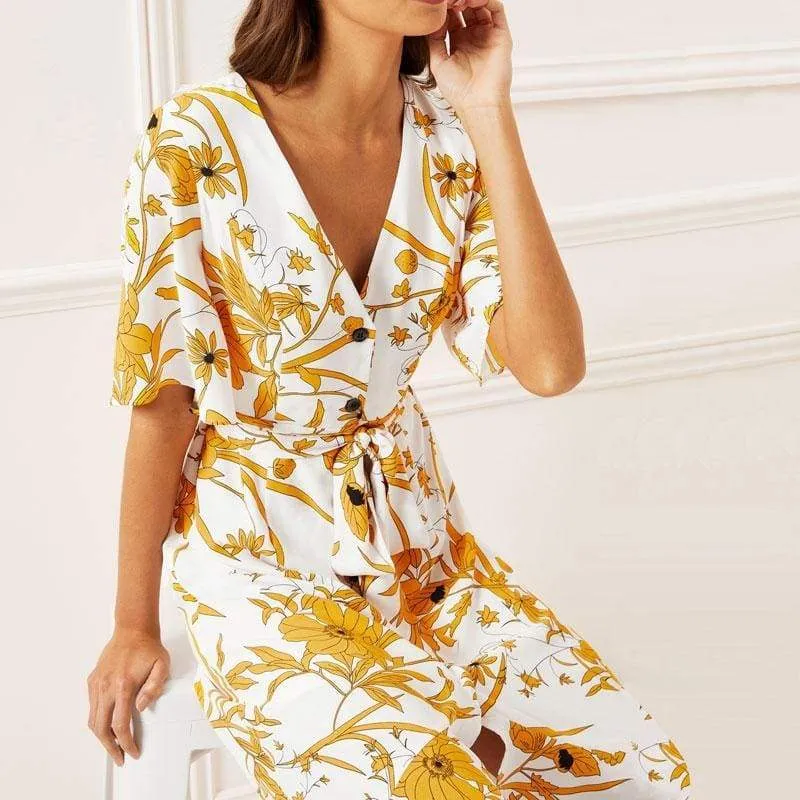 FashionSierra - Women Floral Print Beach Dress Boho Short Sleeve Ruffle Long Dress