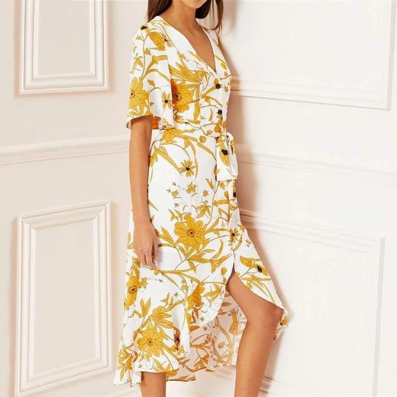 FashionSierra - Women Floral Print Beach Dress Boho Short Sleeve Ruffle Long Dress