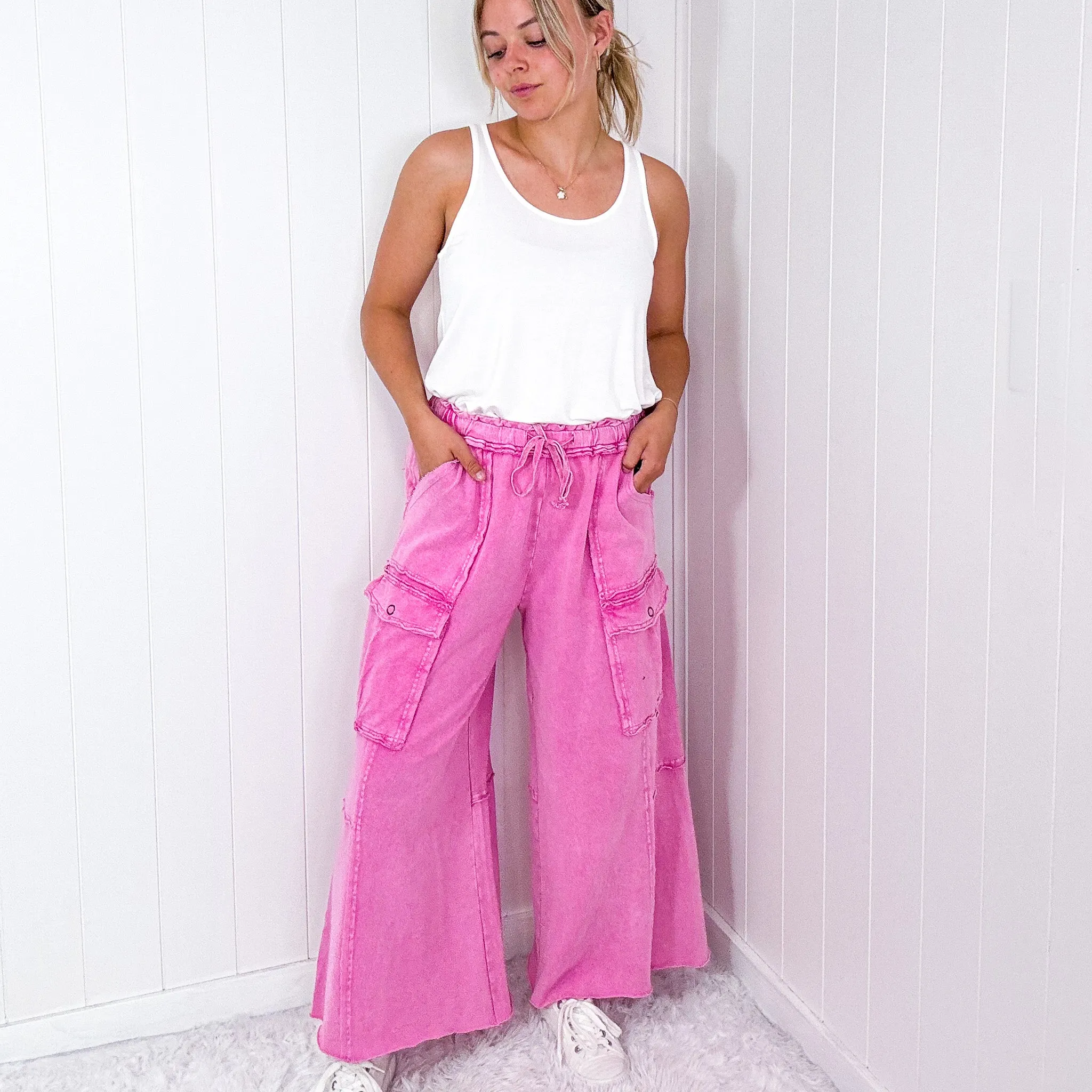 Feeling Good Cropped Relaxed Mineral Washed Wide Leg Cargo Pants in 8 Colors