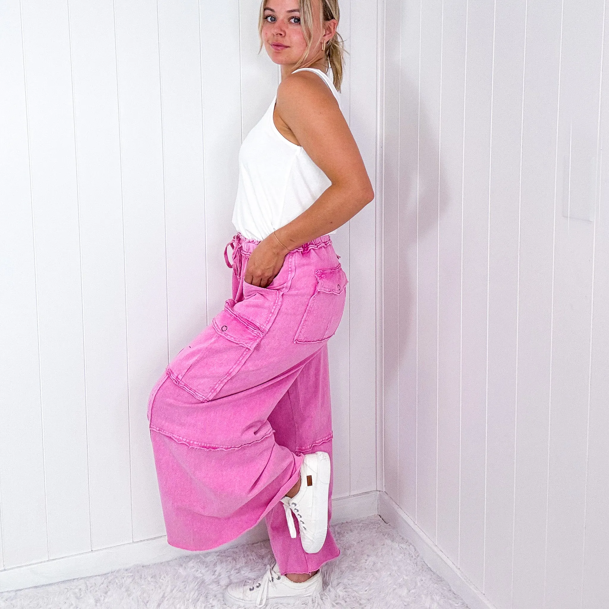 Feeling Good Cropped Relaxed Mineral Washed Wide Leg Cargo Pants in 8 Colors