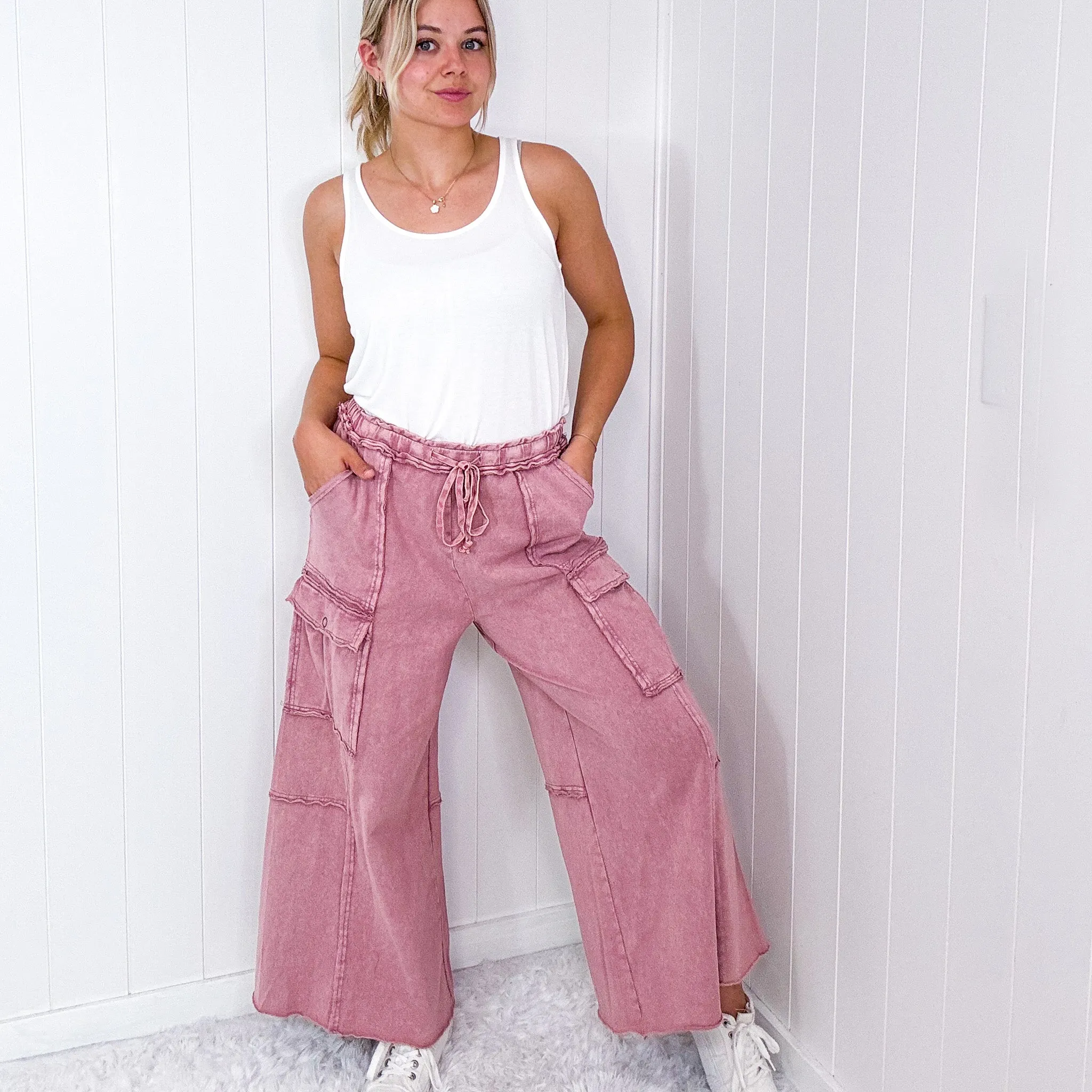 Feeling Good Cropped Relaxed Mineral Washed Wide Leg Cargo Pants in 8 Colors