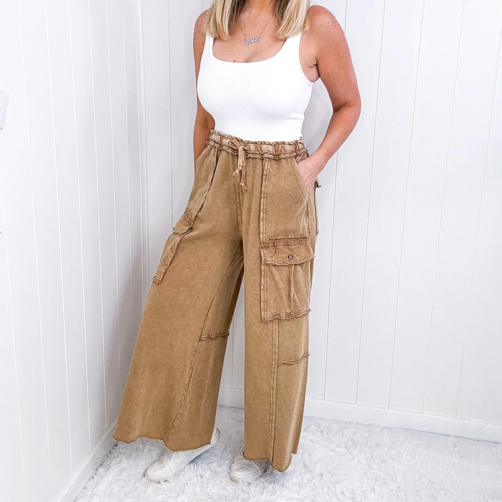 Feeling Good Cropped Relaxed Mineral Washed Wide Leg Cargo Pants in 8 Colors