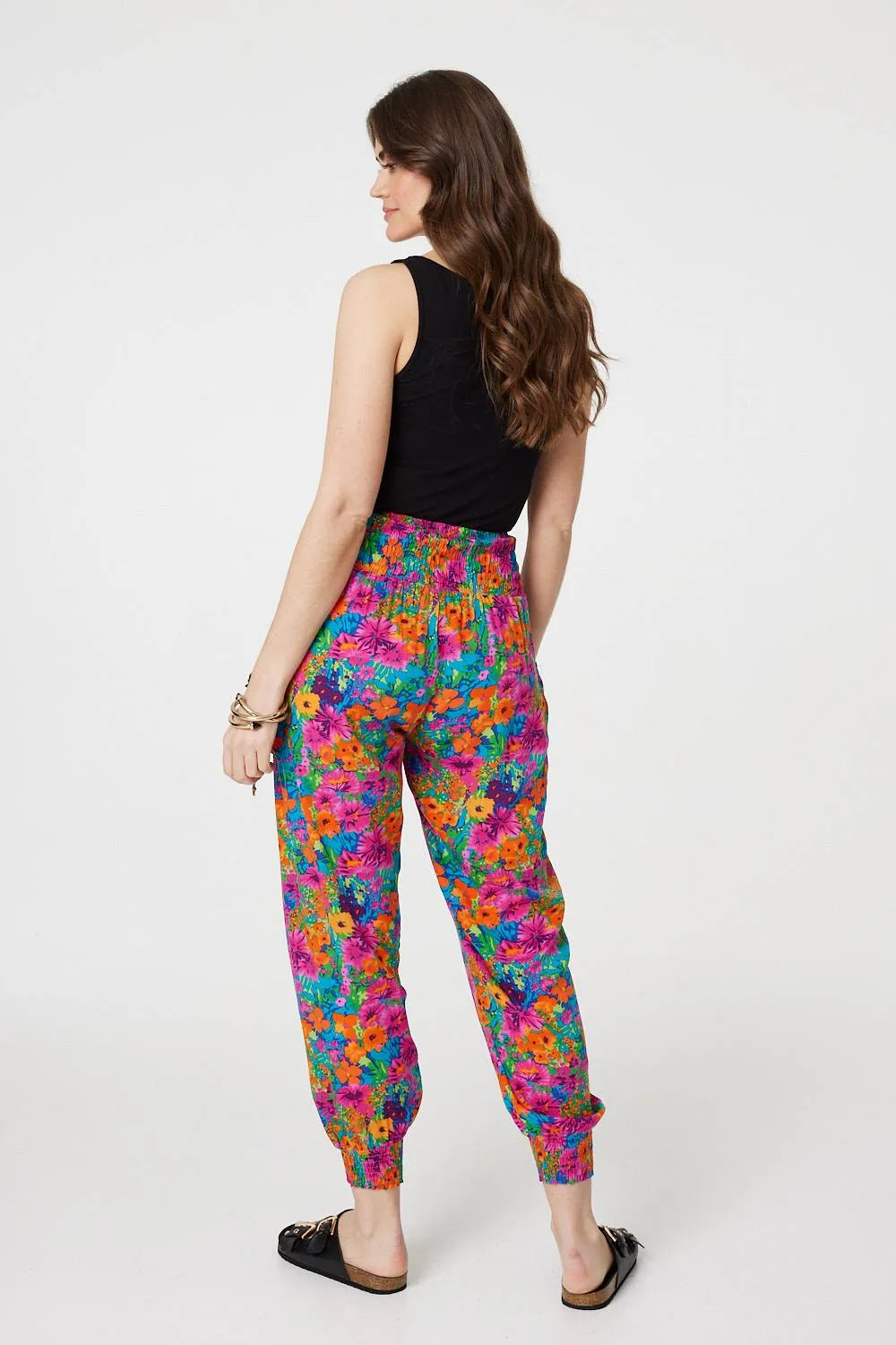 Floral Shirred High Waist Harem Pants