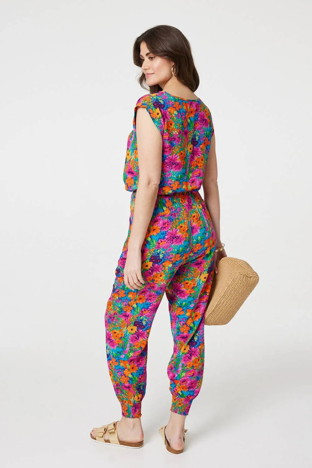 Floral Shirred High Waist Harem Pants