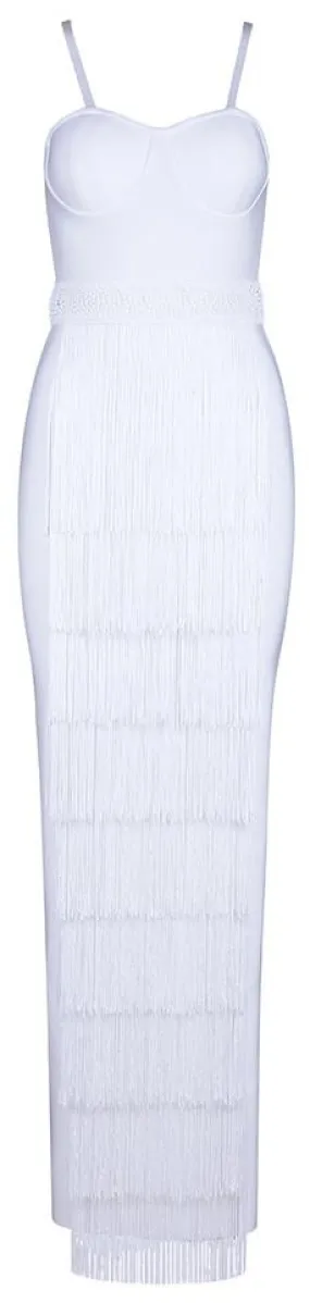 Fringed Bustier Maxi Bodycon Dress, White