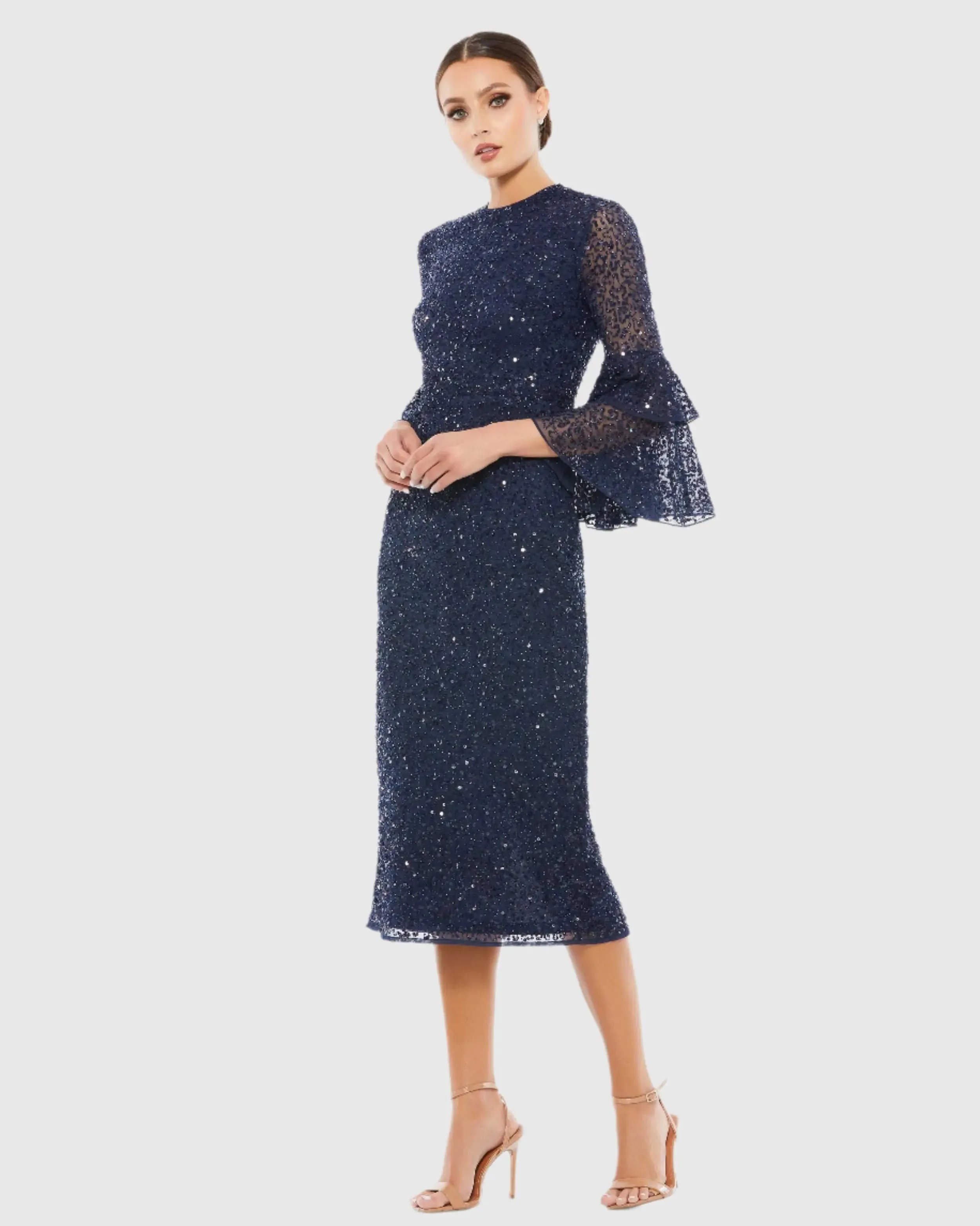 Fully Sequined Ruffle Tiered 3/4 Sleeve Midi Dress