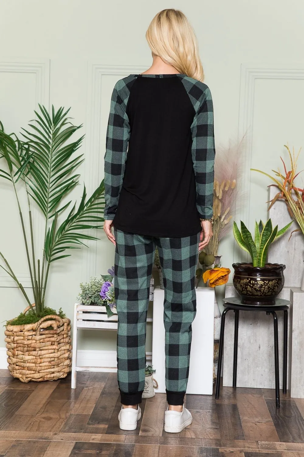 Green Plaid Long Sleeve T-Shirt with Pockets