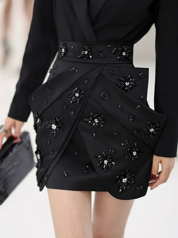 Handmade Be-jeweled stone diamonds cocktail high-waisted short black skirt - mimi