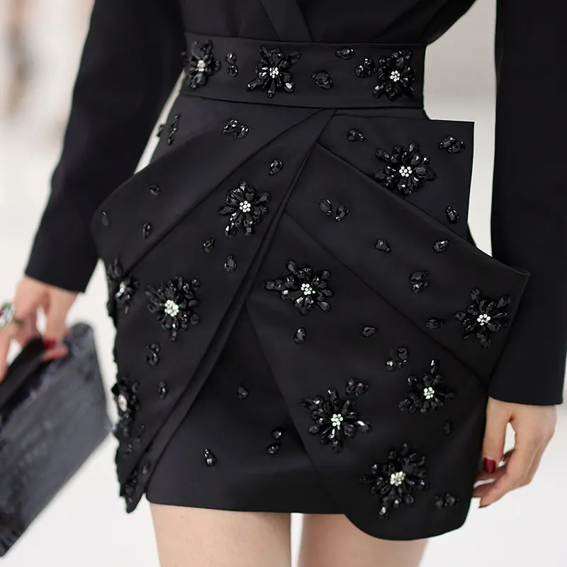 Handmade Be-jeweled stone diamonds cocktail high-waisted short black skirt - mimi