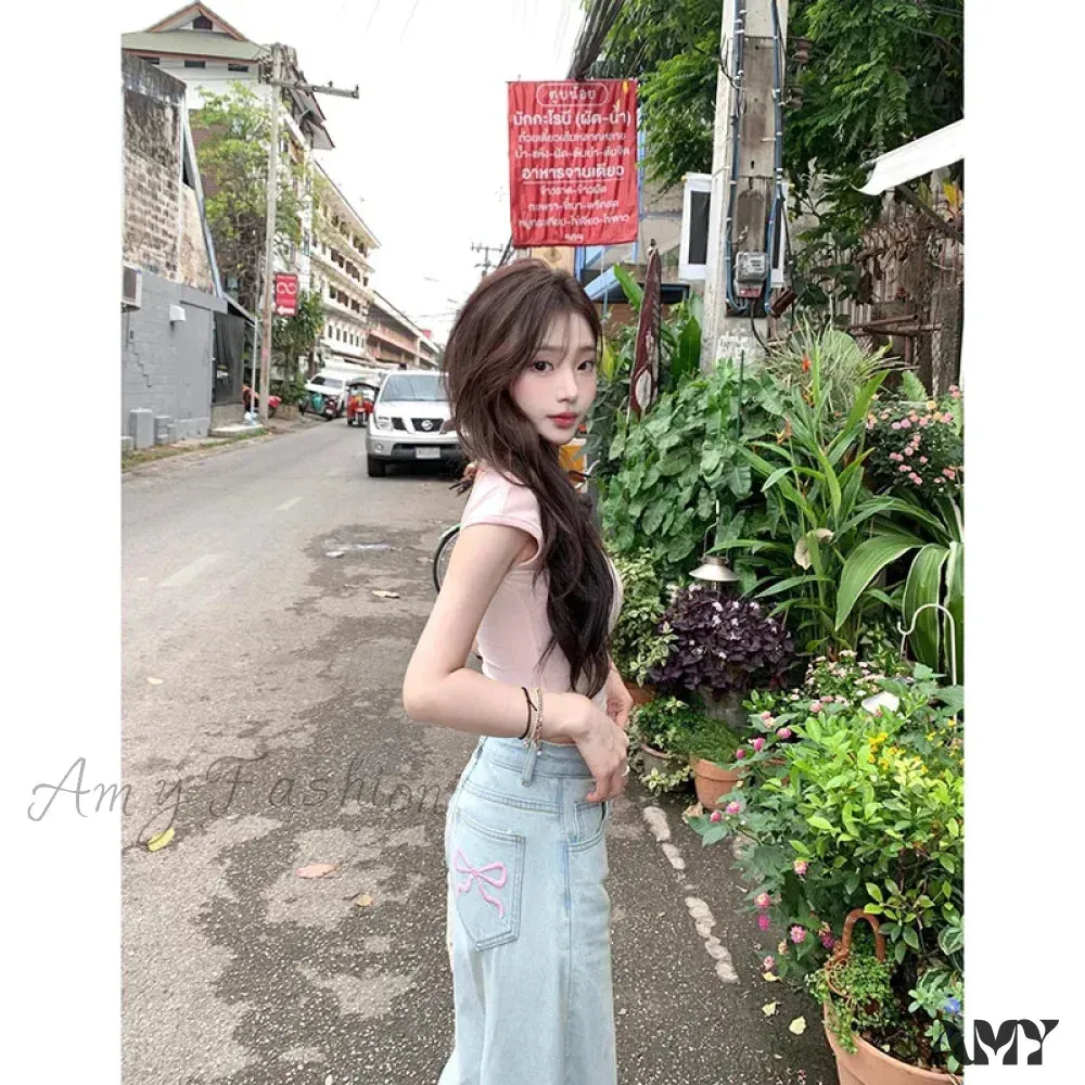 High Quality High Waist American Wide Leg Vintage Y2K Bow Embroidery Straight Summer Jean