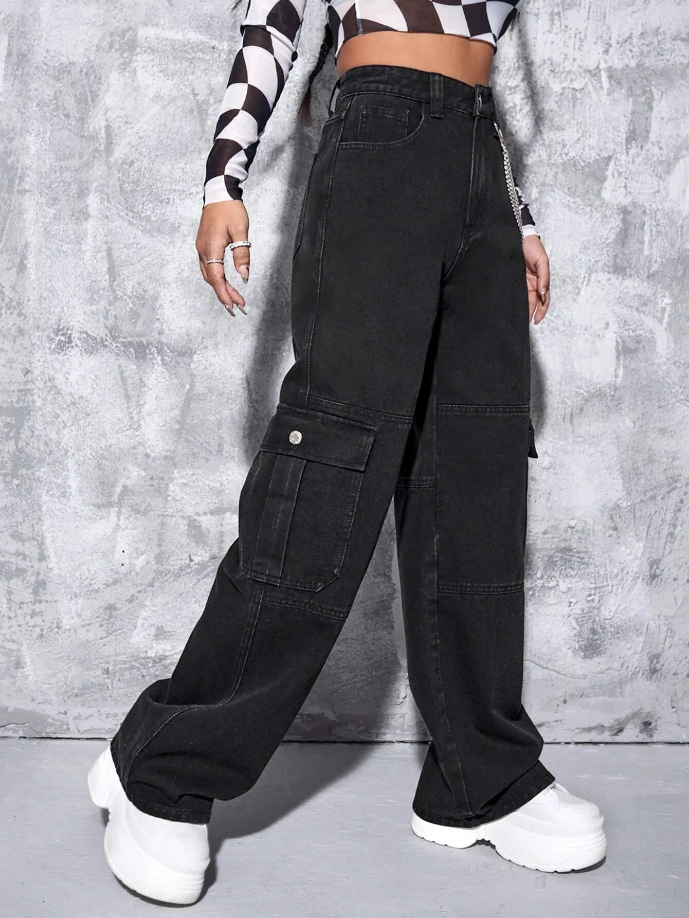 High Rise Chain Pocket Denim Cargo Pants