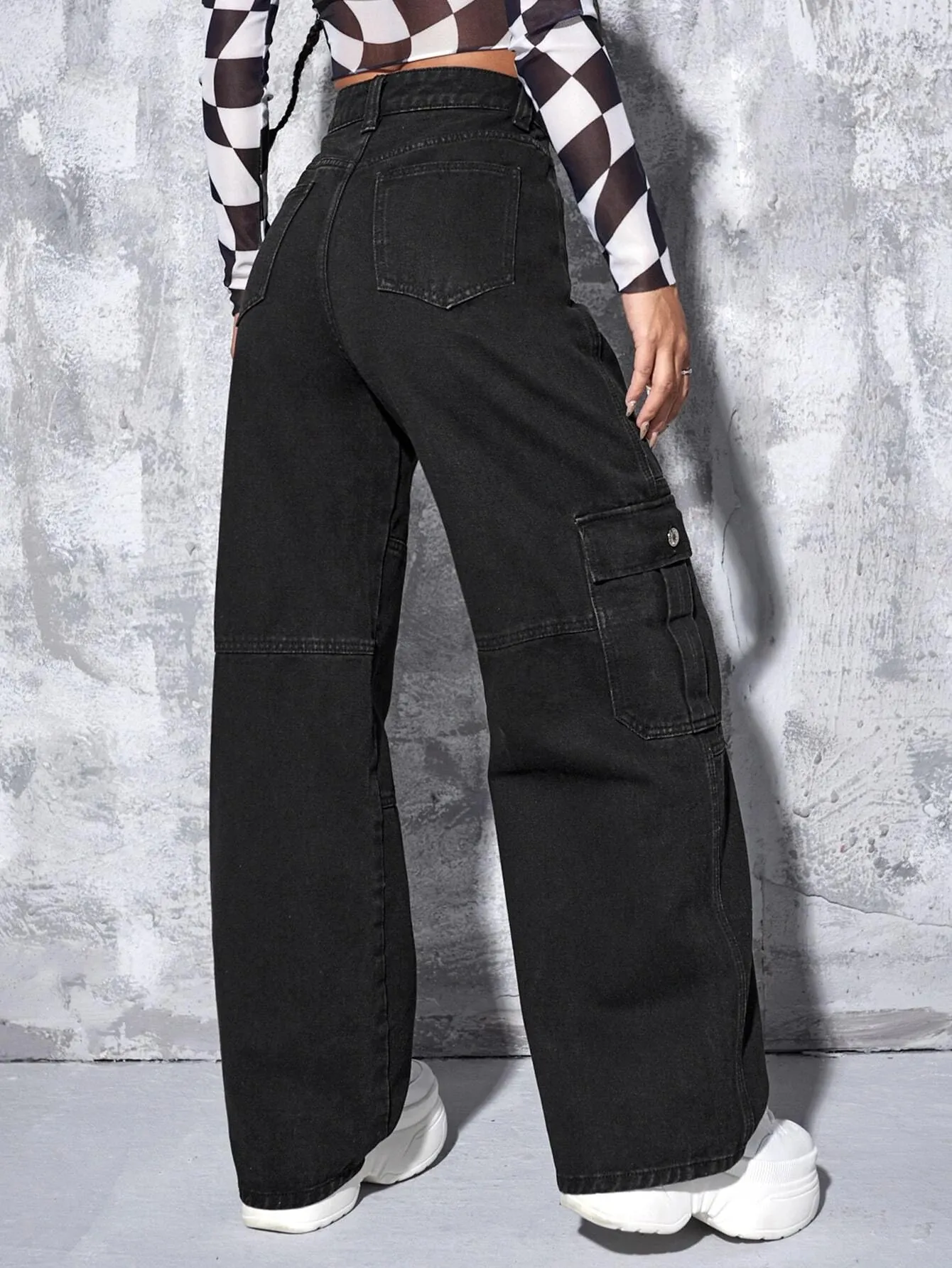 High Rise Chain Pocket Denim Cargo Pants