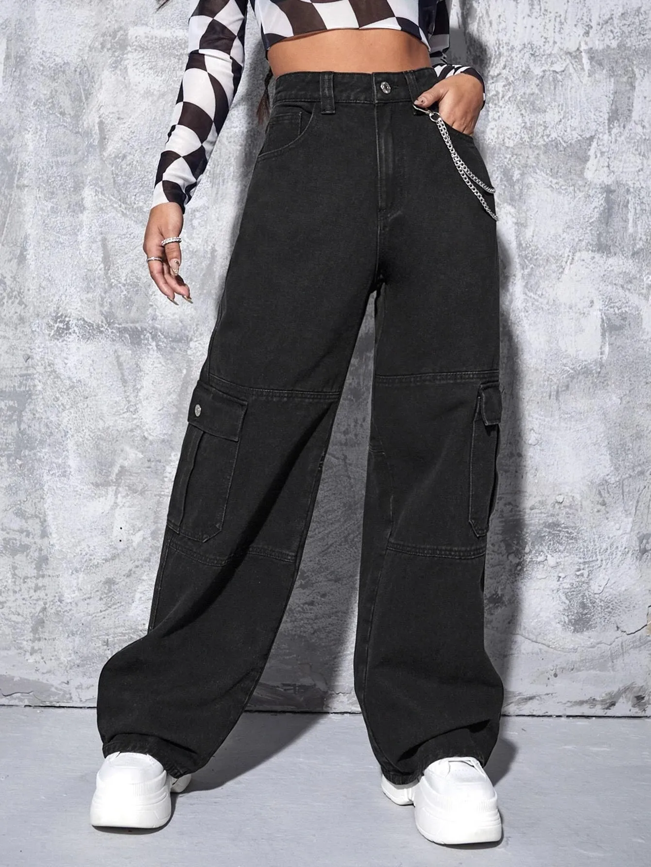 High Rise Chain Pocket Denim Cargo Pants