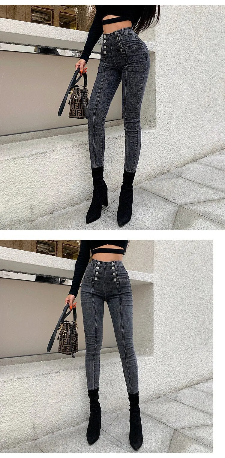 High Waist Double Breasted Stretch Skinny Jeans