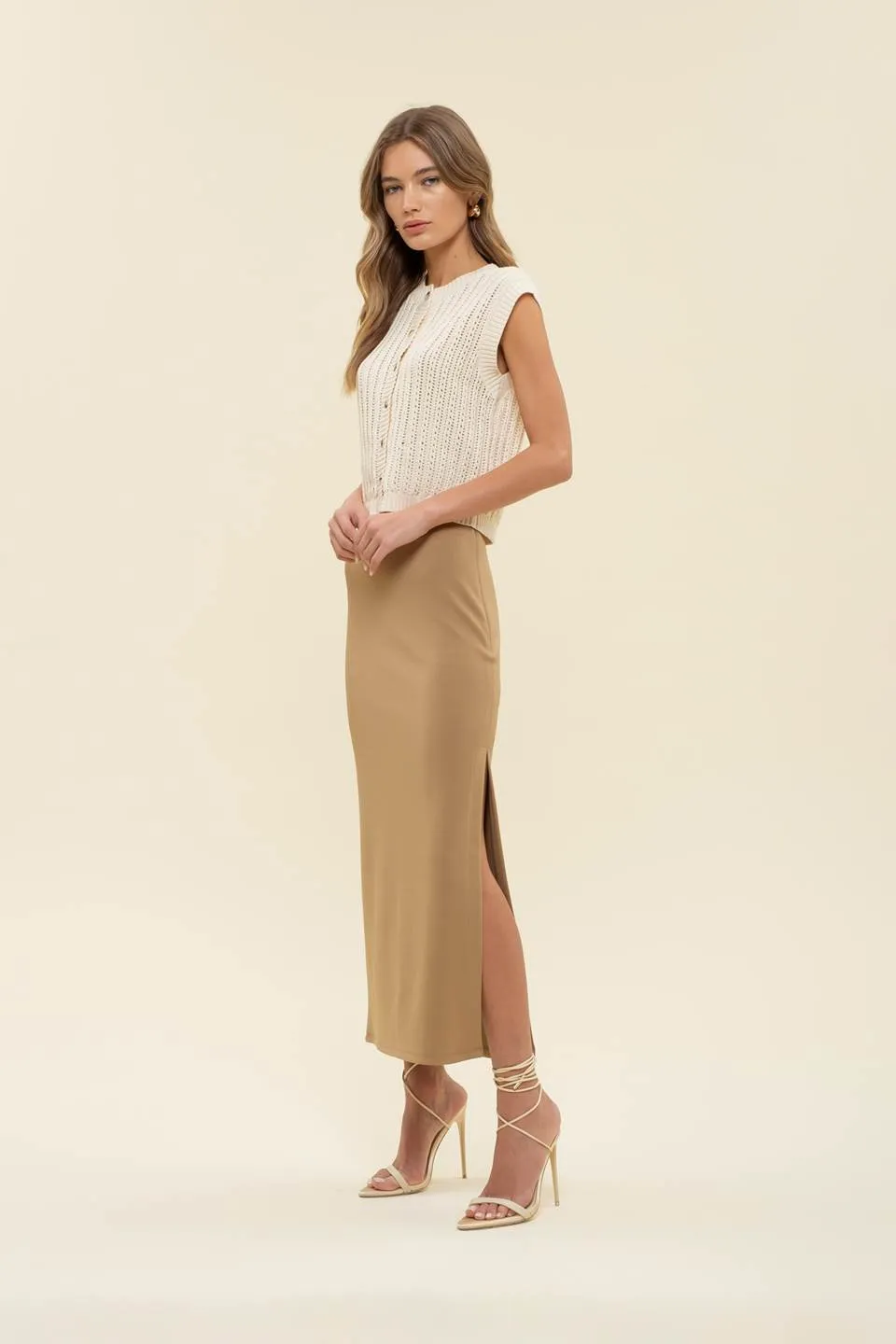 HIGH WAIST SIDE SLIT MIDI PENCIL SKIRT