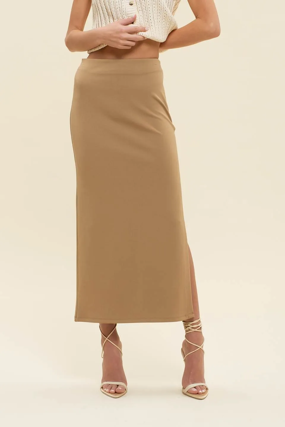 HIGH WAIST SIDE SLIT MIDI PENCIL SKIRT