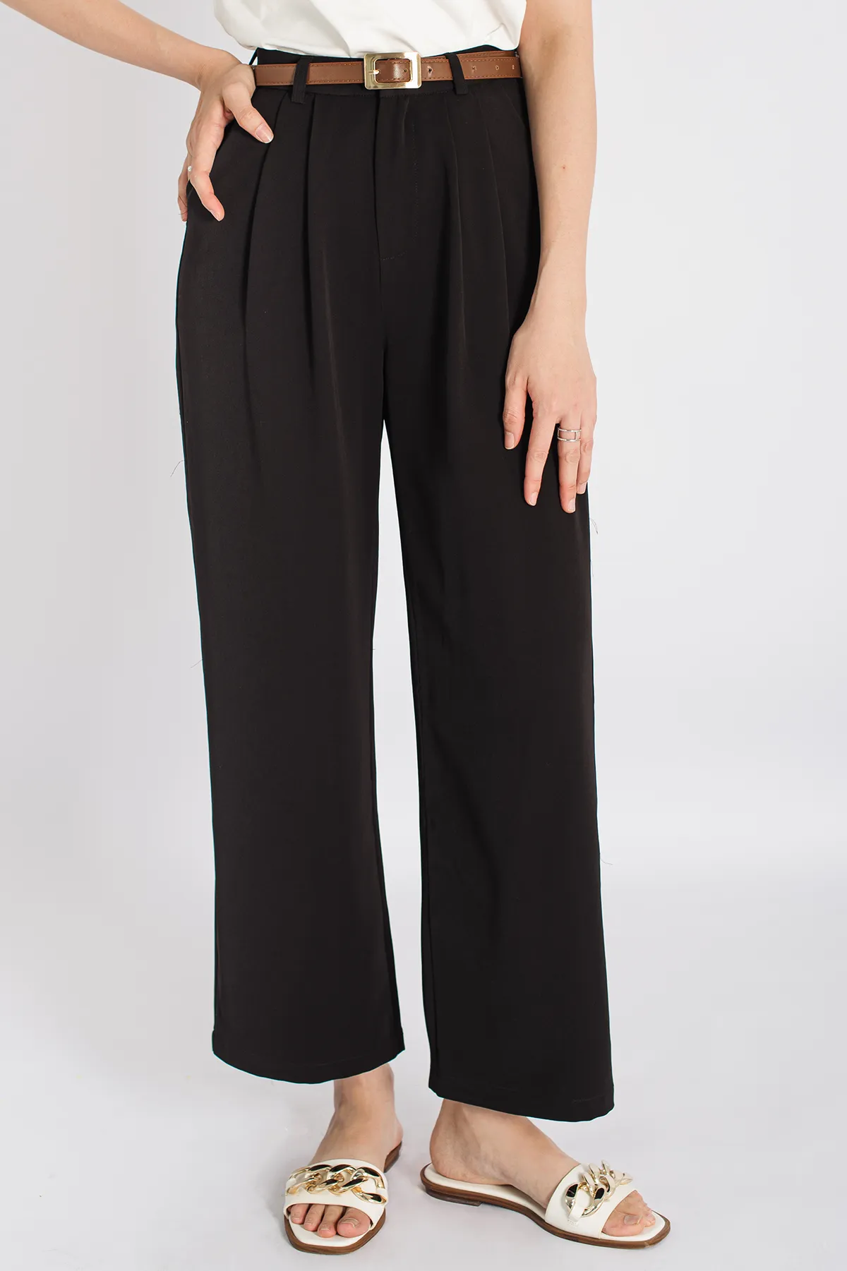 High Waist Straight Cut Belted Cropped Trousers