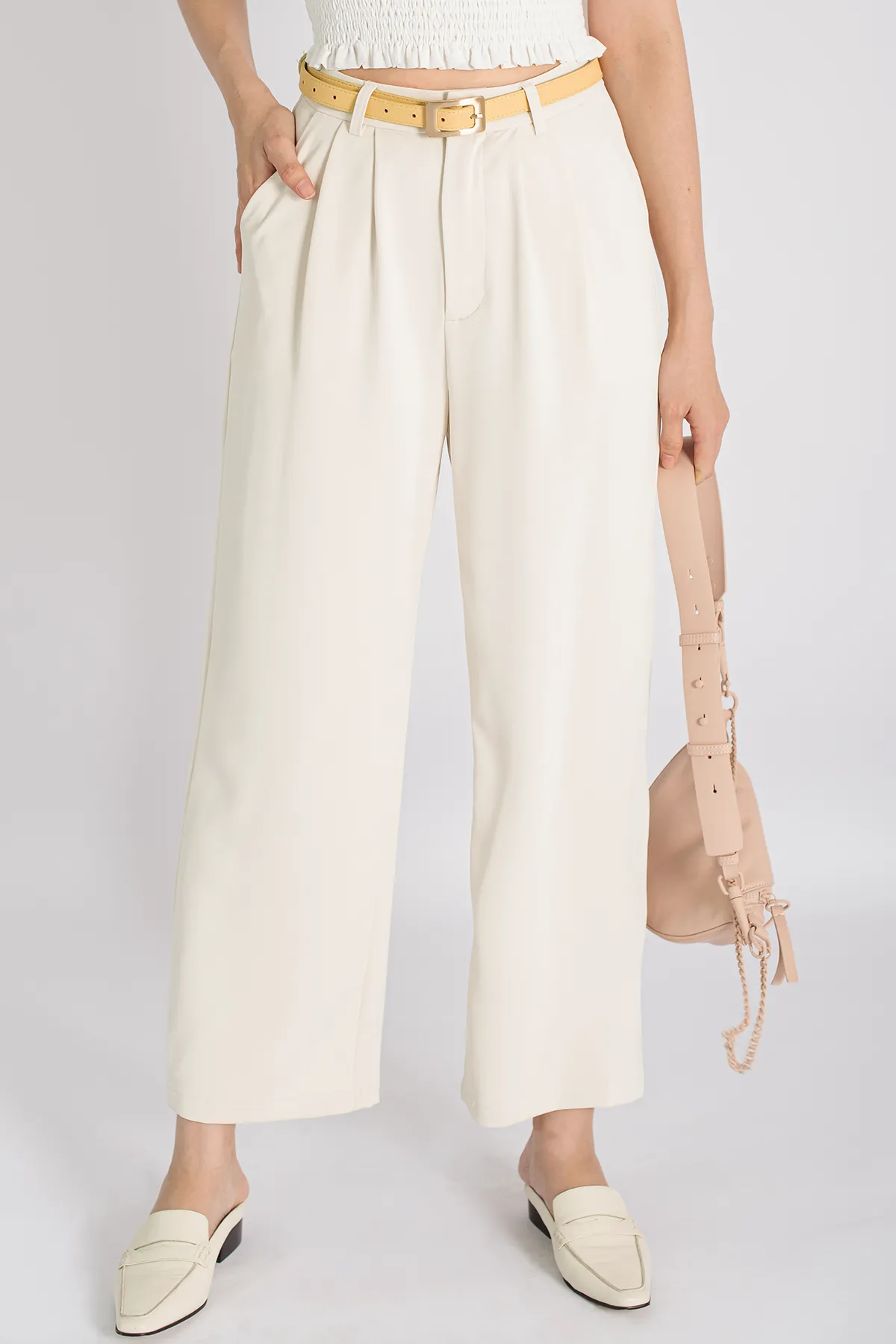 High Waist Straight Cut Belted Cropped Trousers