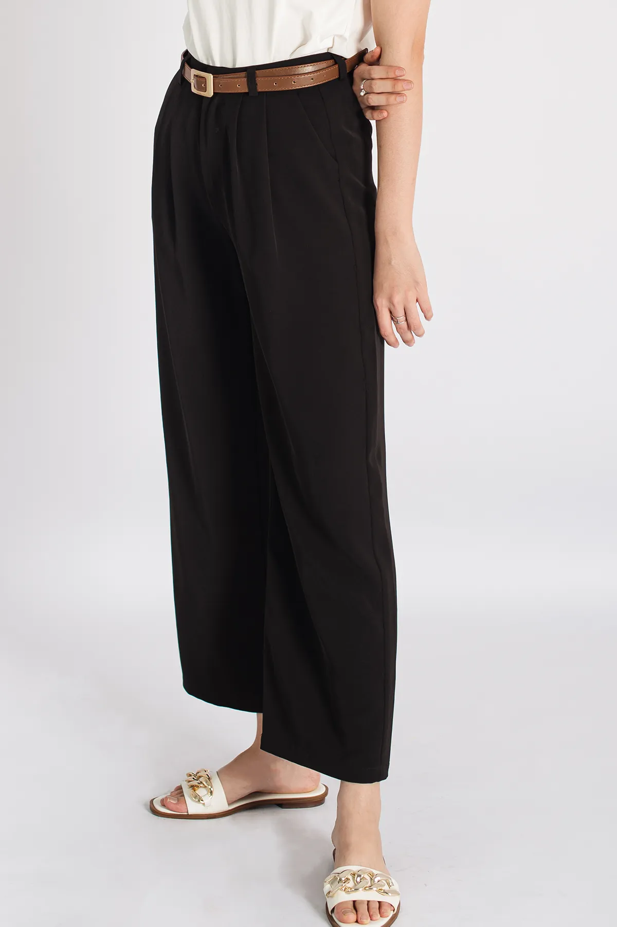 High Waist Straight Cut Belted Cropped Trousers