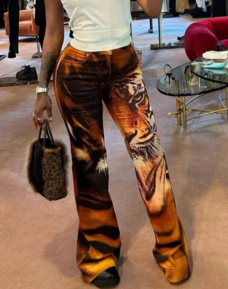 Hnewly Tiger Print Flare Pants Women Y2K Summer Trend Skinny Elastic Wild Casual Streetwear Basic High Waist Trousers