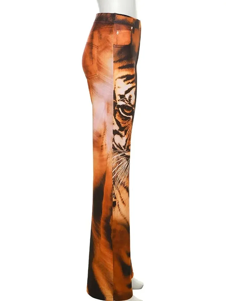 Hnewly Tiger Print Flare Pants Women Y2K Summer Trend Skinny Elastic Wild Casual Streetwear Basic High Waist Trousers