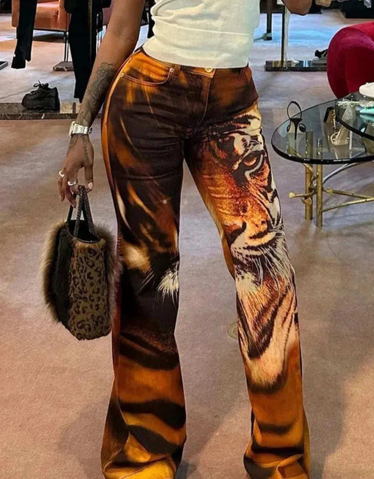 Hnewly Tiger Print Flare Pants Women Y2K Summer Trend Skinny Elastic Wild Casual Streetwear Basic High Waist Trousers