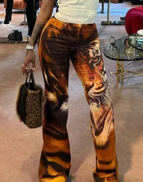 Hnewly Tiger Print Flare Pants Women Y2K Summer Trend Skinny Elastic Wild Casual Streetwear Basic High Waist Trousers