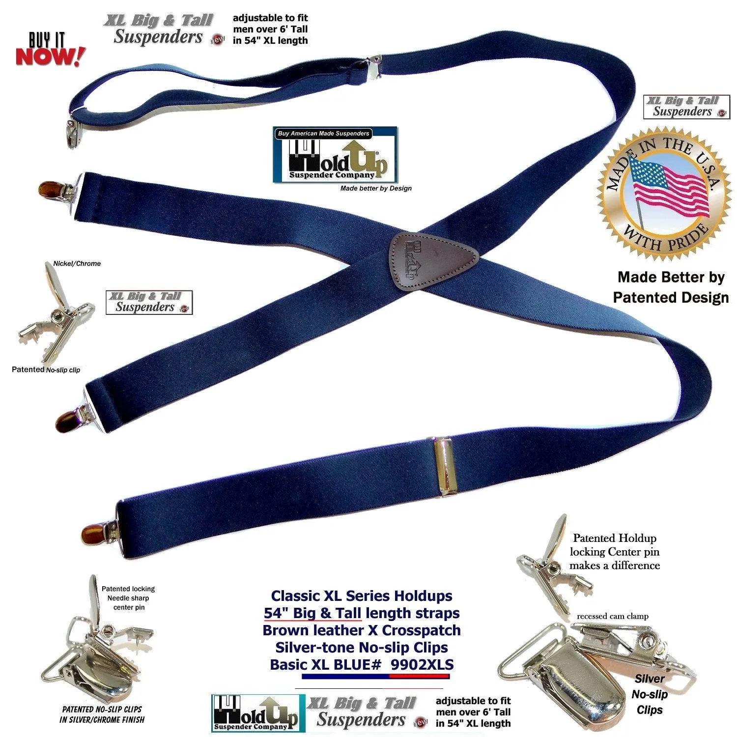 Hold Suspender Company Classic Dark Blue XL Suspenders in X-back Style with Patented silver no-slip clips