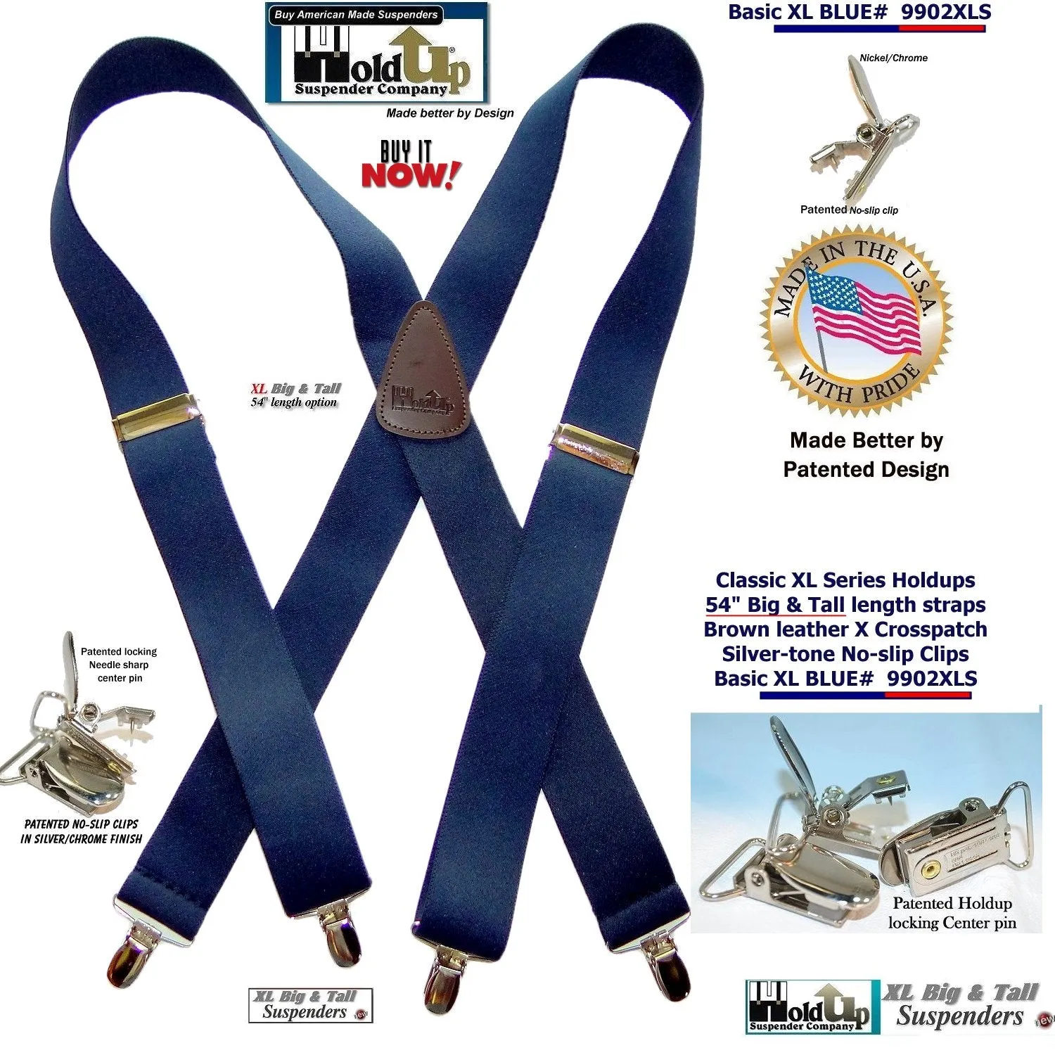 Hold Suspender Company Classic Dark Blue XL Suspenders in X-back Style with Patented silver no-slip clips