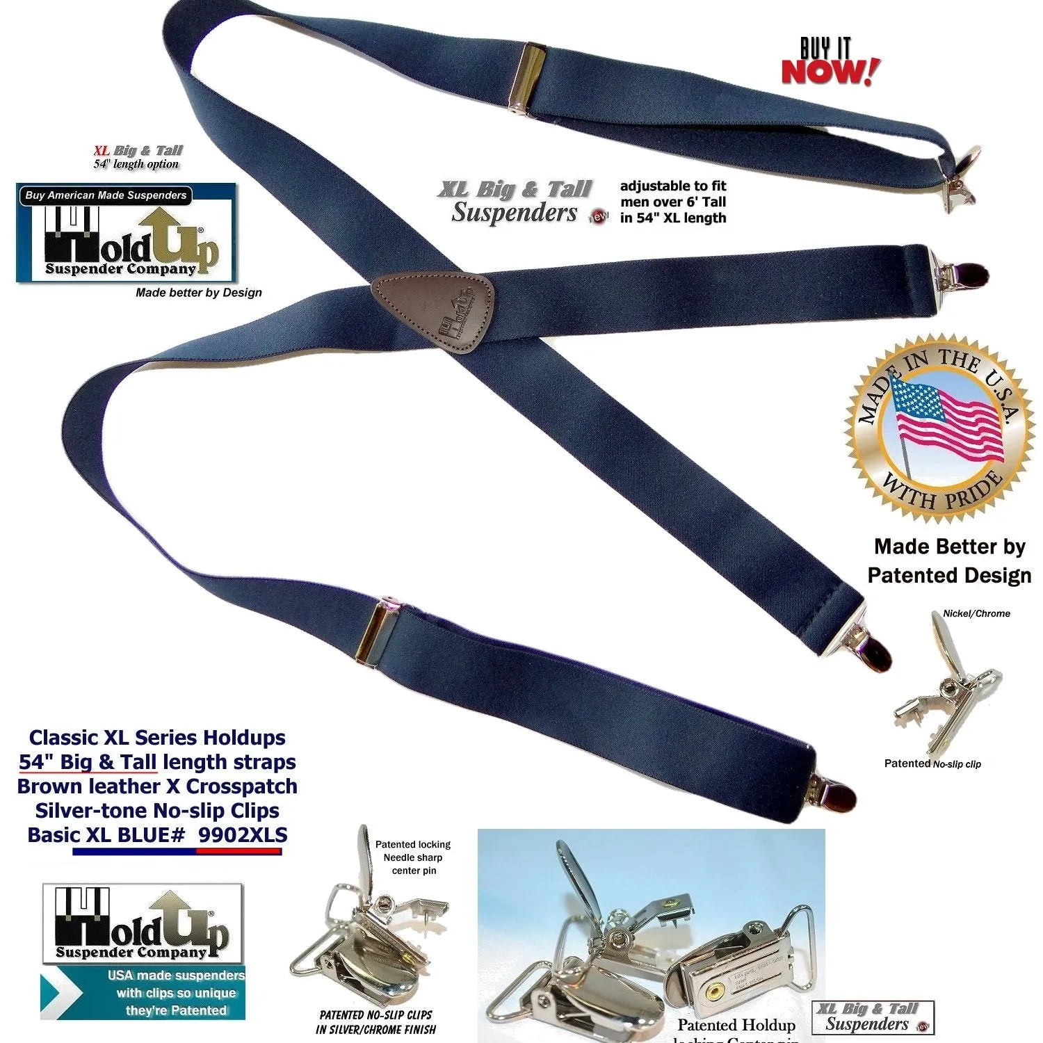 Hold Suspender Company Classic Dark Blue XL Suspenders in X-back Style with Patented silver no-slip clips