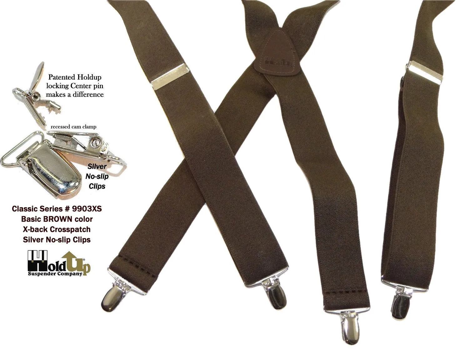 Hold-Ups Classic Dark Brown Suspenders with Silver No-slip Clips and X-back Leat