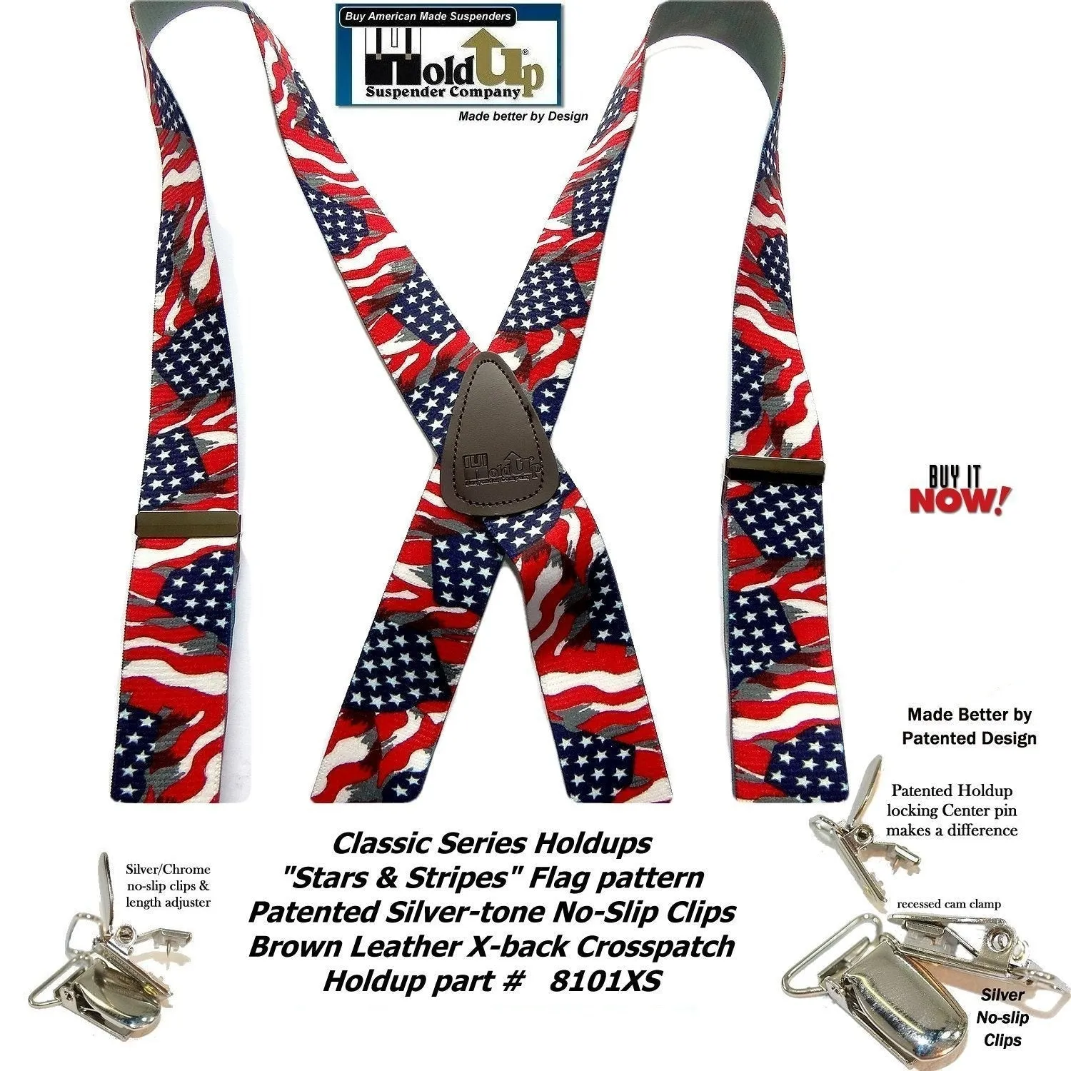 HoldUp Brand Classic Series USA Flag Pattern X-back Suspenders with Silver No-slip Clips